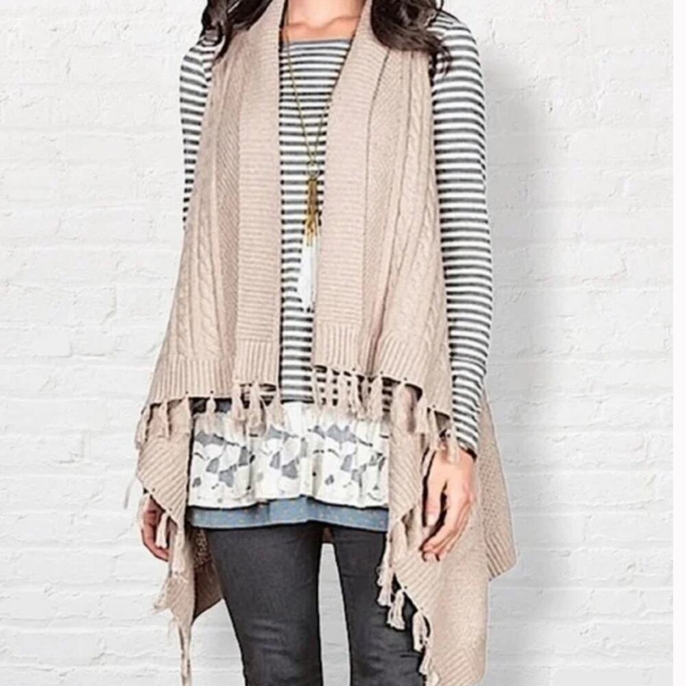 Matilda Jane tan open front fringe long line sleeveless cardigan sweater vest XS